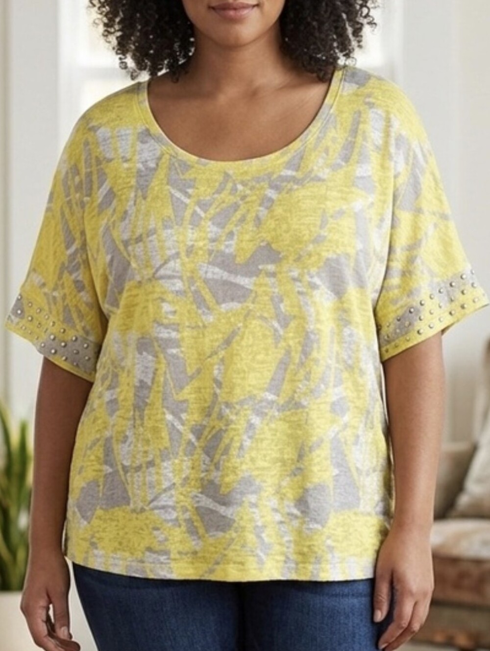 Westbound Yellow Floral-Print Short Sleeve Top